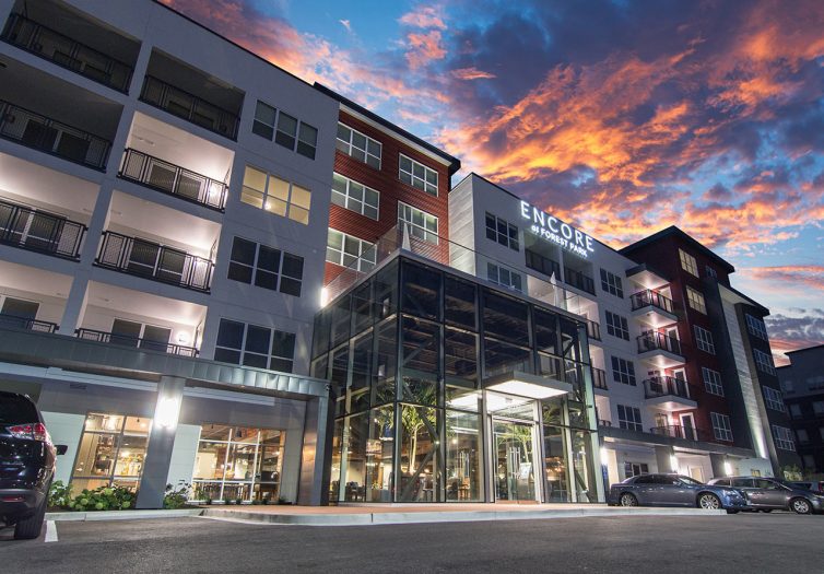 Humphreys Partners Architects Encore at Forest Park Exterior Dusk